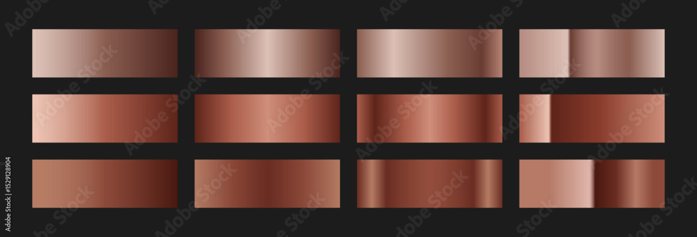 Obraz premium Elegant copper gradient swatches collection. Metallic textures with polished foil shine and satin smooth. Glossy palette for vintage and luxury designs and branding