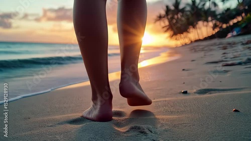 Girls walking on the beach at sunset leaving footprints in the sand, Sunset beach walk, girls feet in sand, low angle, peaceful evening vibe
