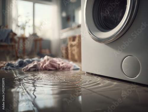 white front-loading washing machine leaking water onto a tiled floor