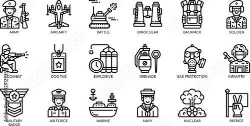 Military Icons Army, Air Force, Navy, and More - Vector Illustrations