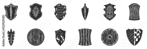 Medieval Shield Designs Silhouette Set. Heraldic Symbols And Emblems For Historical Themes Isolated Vector Illustration Collection