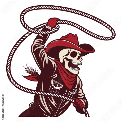 A detailed illustration of a longhorn steer skull expertly executing a lasso trick against a stark white background.  The skull is intricately detailed.