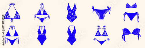 Swimwear Fashion Silhouette Set. Diverse Bikini And Swimsuit Designs For Summer Beachwear. Isolated Vector Illustration Collection