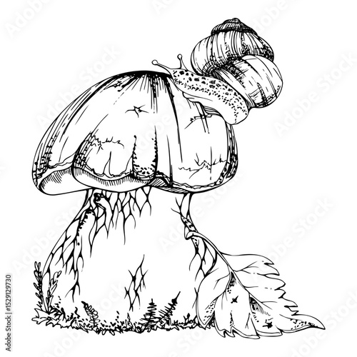 Bolete cep mushroom with snail on cap, autumn leaf. Fungus forest harvest, edible raw ingredient for vegan cooking. Illustration hand drawn in vector ink. Seasonal planner stickers, menu cookbook
