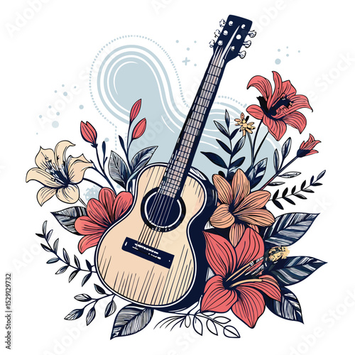 Vibrant still life featuring an acoustic guitar nestled amongst blossoming flowers, overlaid with subtle abstract elements.