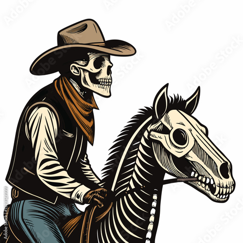 A detailed illustration of a cowboy skull astride a skeletal horse, isolated on a white background, rendered in a dramatic, high-contrast style.