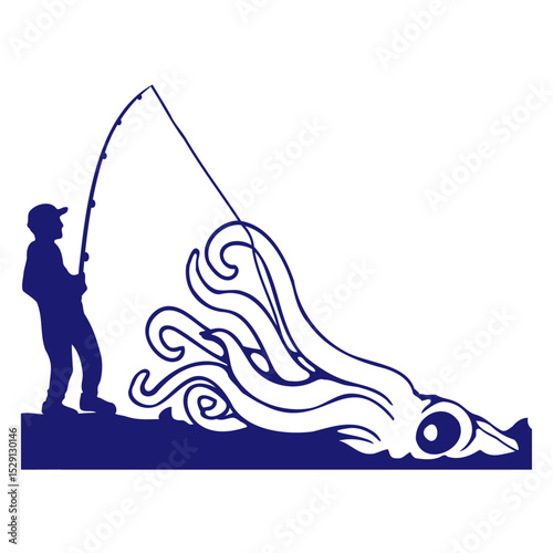 Fisherman catches octopus angler fish fishing fun Isolated Vector Graphic Design Illustration
