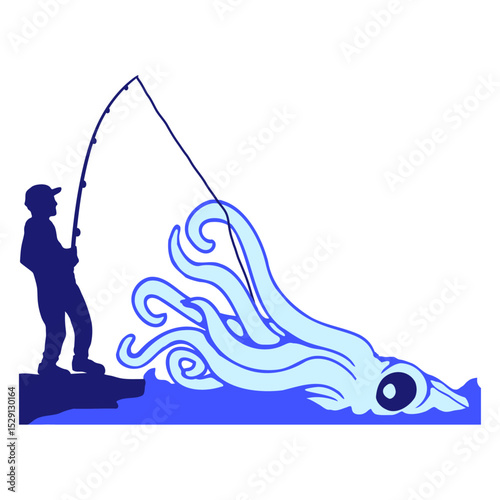 Fisherman catches octopus angler fish fishing fun Isolated Vector Graphic Design Illustration
