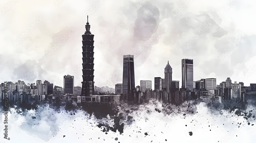 Obraz premium Illustration of City of Taipei, Taiwan skyline in black and simple watercolor on abstract watercolor background. Watercolor painting background.
