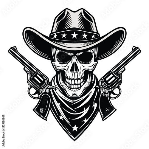 A weathered cowboy skull, adorned with a red bandana, grips two smoking Colt revolvers; dramatic lighting, gritty texture.
