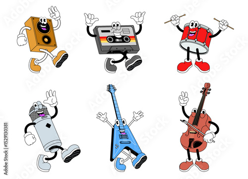 Set Of Happy Music Instrument Cartoon