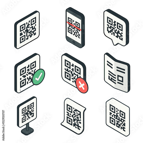 QR Code Icon Set. Isometric Flat icon set of QR code connection signs: QR code panel, smartphone scanning, pop-up connection,