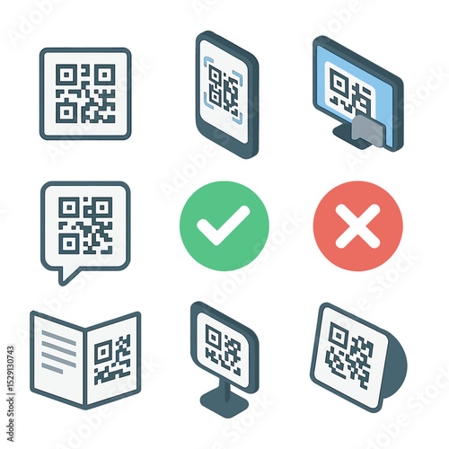 QR Code Icon Set. Isometric Flat icon set of QR code connection signs: QR code panel, smartphone scanning, pop-up connection,