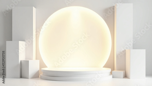 Abstract 3D render of a product display. A bright circle is displayed against white pillars and cubes. Used to indicate AI generated content.

