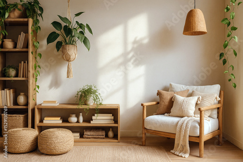 A cozy eco-style reading nook with wicker poufs, a bookshelf, a minimalist wooden chair with soft cushions, hanging plants and natural light. Eco-friendly interior design