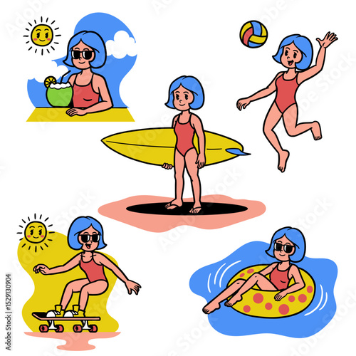 Set Of Woman Summer Vacation Illustration in Retro