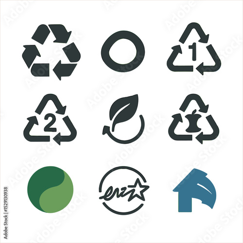 Recycling Icons Set. Isometric Flat icon set of recycling symbols and labels: universal recycling symbol, Mobius loop, resin ID 1,