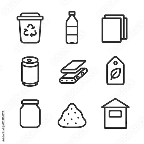 Recycling Icons Grid. Outline icon set of community recycling centers: recycling bin, plastic bottle, paper stack, metal can,