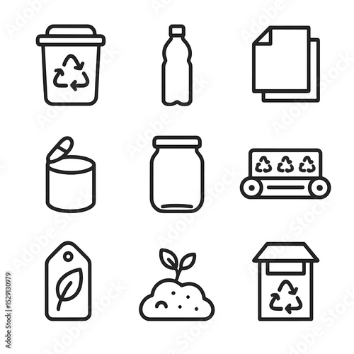 Recycling Icons Grid. Outline icon set of community recycling centers: recycling bin, plastic bottle, paper stack, metal can,