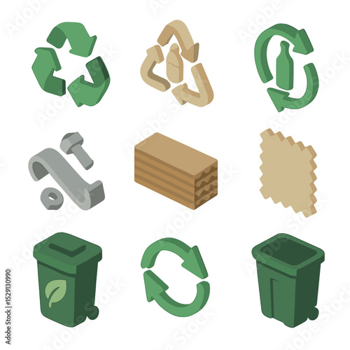 Recycling Symbols Grid. Isometric Flat icon set of recycled material indicators: paper recycle symbol, plastic resin code, glass