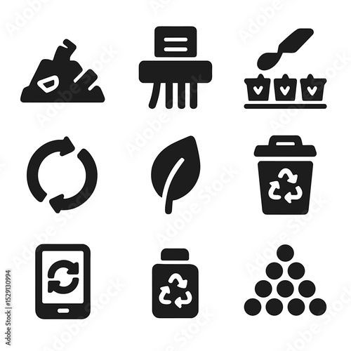 Recycling Icon Set. Solid, Filled icon set of recycling and reuse: scrap pile, shredder, sorting conveyor, melting pot,