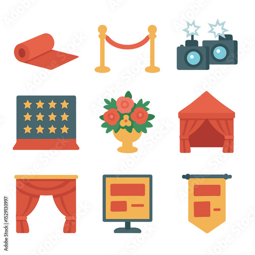 Red Carpet Icon Set. Isometric Flat icon set of Red Carpet Premiere Scene: rolled-out red carpet, velvet ropes, stanchion posts,