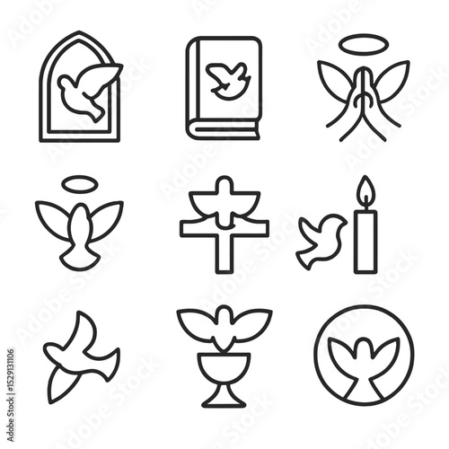 Religious Icon Set. Outline icon set of dove in religion: church window, bible, prayer hands, halo, cross, candle, dove descending