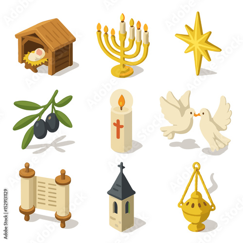 Religious Holiday Icons. Isometric Flat icon set of religious holiday symbols: nativity manger, menorah, star of Bethlehem, olive