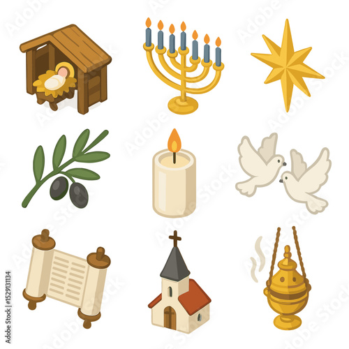Religious Holiday Icons. Isometric Flat icon set of religious holiday symbols: nativity manger, menorah, star of Bethlehem, olive