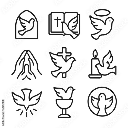 Religious Icon Set. Outline icon set of dove in religion: church window, bible, prayer hands, halo, cross, candle, dove descending