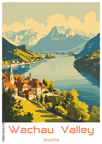 Wachau Valley, Austria Vector Illustration. Landscape with Mountains and River.