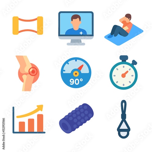 Remote Rehab Icons. Isometric Flat icon set of remote rehabilitation exercises: resistance band, physiotherapist avatar on screen,