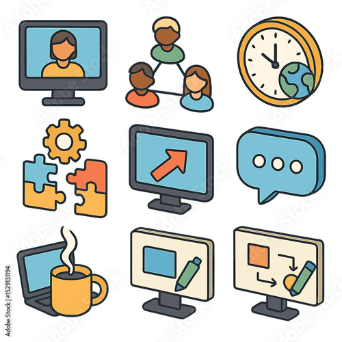 Remote Work Icons. Isometric Flat icon set of remote work inclusivity: video conference, virtual team, closed captioning icon,