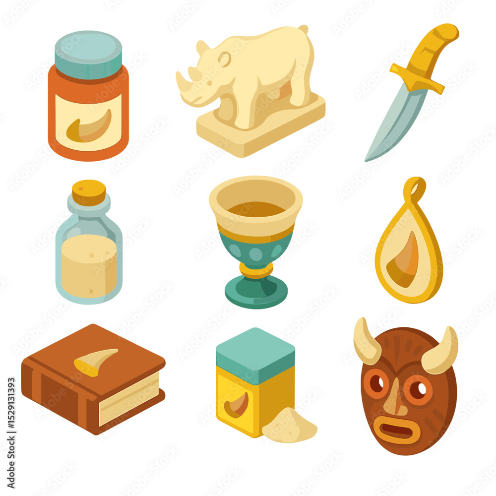 Fototapeta premium Rhino Horn Icon Set. Isometric Flat icon set of traditional rhino horn uses: medicine jar, carved statuette, ceremonial dagger,