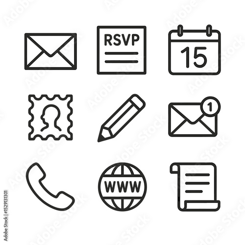 Reunion Invitation Icons. Outline icon set of reunion invitations: envelope, RSVP card, calendar date, postage stamp, pencil,