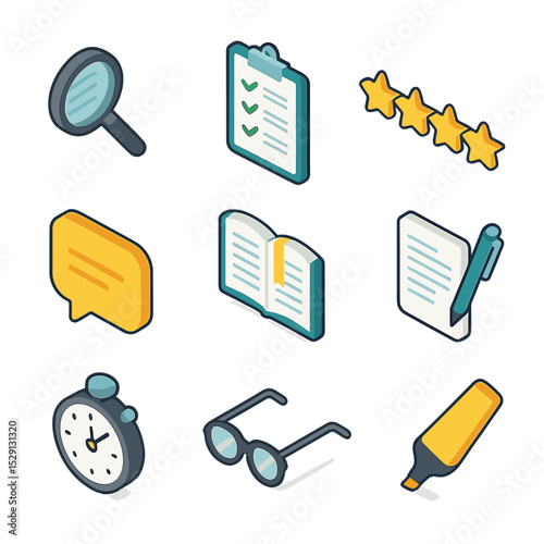 Review Process Icons. Isometric Flat icon set of review process elements: magnifying glass on text, checklist clipboard, five-star