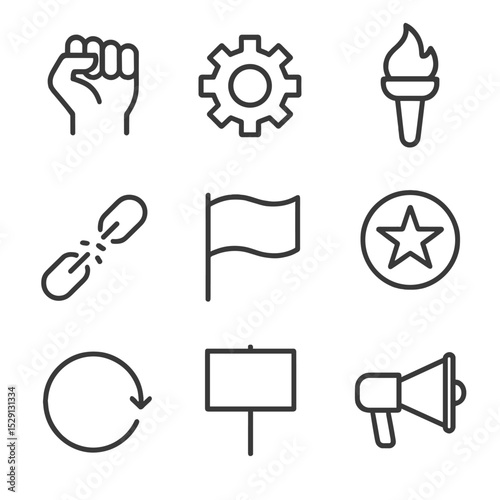 Revolution Icons Grid. Outline icon set of revolution and change: raised fist, gear wheel, torch flame, broken shackle, protest