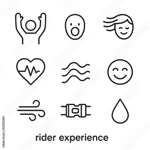 Rider Thrill Icon Set. Outline icon set of rider experience: hands up silhouette, screaming face, hair blowing, heart-pounding