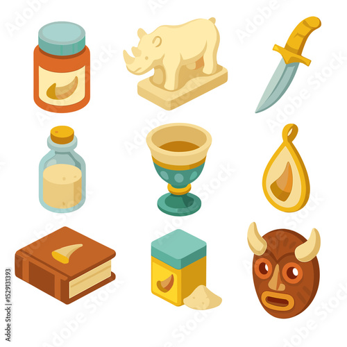Rhino Horn Icon Set. Isometric Flat icon set of traditional rhino horn uses: medicine jar, carved statuette, ceremonial dagger,