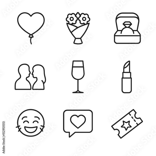 Romantic Comedy Icons. Outline icon set of romantic comedy spoofs: heart balloon, bouquet, ring box, couple silhouette, champagne