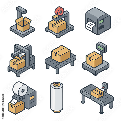 Robotic Packaging Icons. Isometric Flat icon set of robotic packaging stations: box erector, seal tape dispenser, label printer,