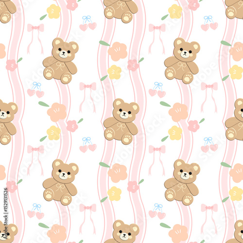 Bears  flowers bow on  Fabric pattern , pink lines pattern, gift wrapping paper , seamless pattern 