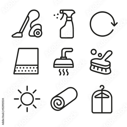 Rug Care Icons. Outline icon set of rug care and maintenance: vacuum cleaner, spot cleaning spray, rotating arrow, anti-slip pad,