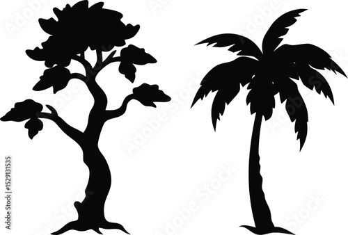 Tropical paradise island with a palm tree silhouette against the summer sunset over the ocean
