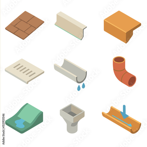 Roof Drainage Icons. Isometric Flat icon set of roof drainage and water flow elements: roof shingle, drip edge, fascia board,