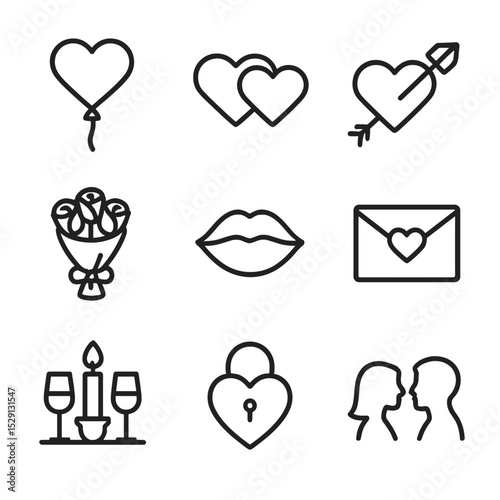 Romantic Symbol Icons. Outline icon set of romantic universal love: heart balloon, intertwined hearts, cupid arrow, rose bouquet,