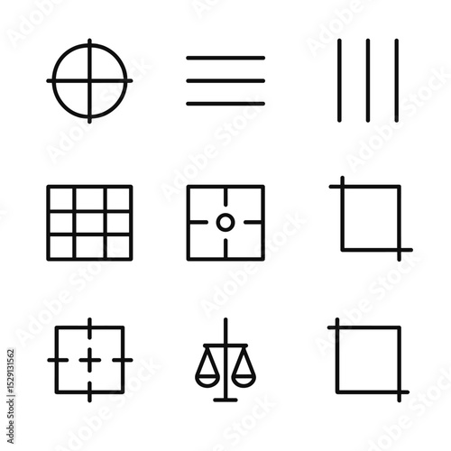 Rule of Thirds Icons. Outline icon set of rule of thirds framing: intersection point, horizontal line, vertical line, subject box,