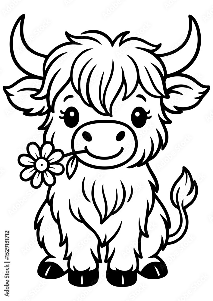 Naklejka premium Cute Highland cow chewing a flower in black and white vector. Ideal for engraving, laser cut, logos, prints, and creative illustrations