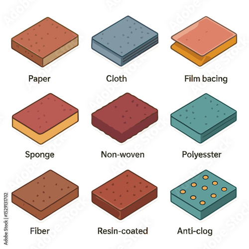 Sandpaper Backing Icons. Isometric Flat icon set of sandpaper backing types: paper backing, cloth backing, film backing, sponge