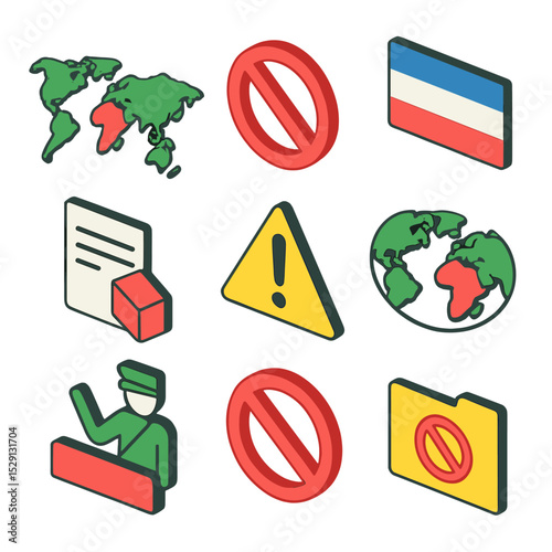 Sanctions Icon Set. Isometric Flat icon set of sanctioned country restrictions: world map, prohibited stamp, crossed-out flag,